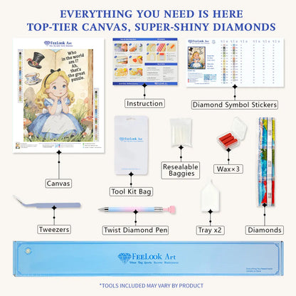 Diamond painting kit contents for Alice including canvas, colorful drills, tray, pen, and wax – FEELOOK Art