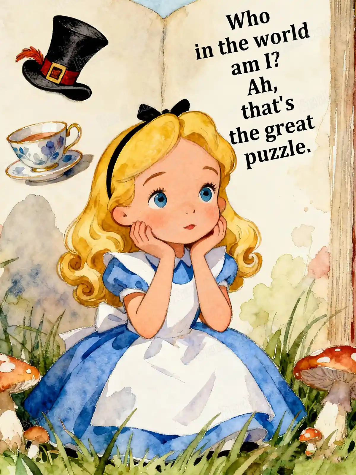 Alice diamond painting inspired by Wonderland, featuring a dreamy fairy tale girl surrounded by flowers and magical details – FEELOOK Art
