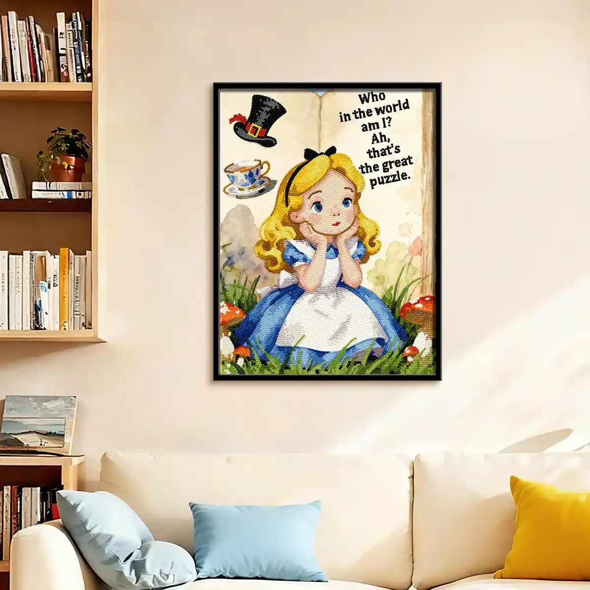 Alice diamond painting displayed in a cozy living room, adding a soft fairy tale and storybook atmosphere – FEELOOK Art