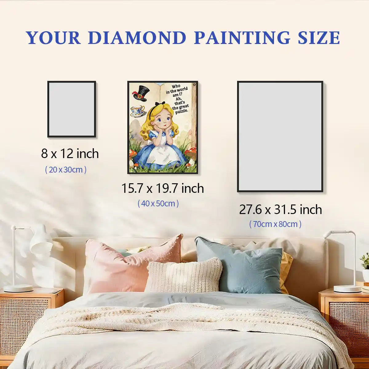 Alice diamond painting framed and displayed on a wall with size comparison above a sofa for scale reference – FEELOOK Art
