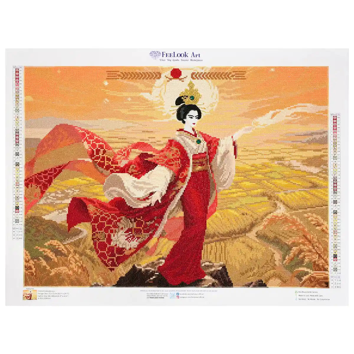 Amaterasu diamond art kits depict a graceful sun goddess in flowing red robes, standing over golden landscapes with warmth, movement, and divine beauty -FEELOOK Art