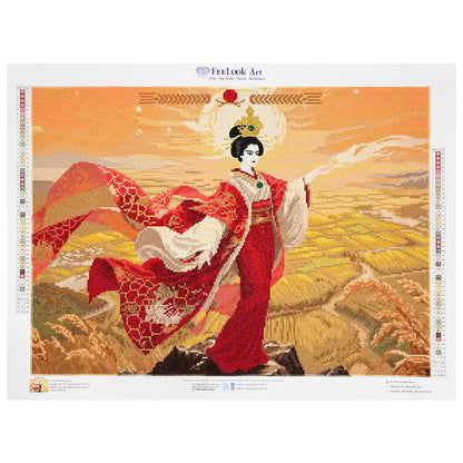 Amaterasu diamond art kits depict a graceful sun goddess in flowing red robes, standing over golden landscapes with warmth, movement, and divine beauty -FEELOOK Art