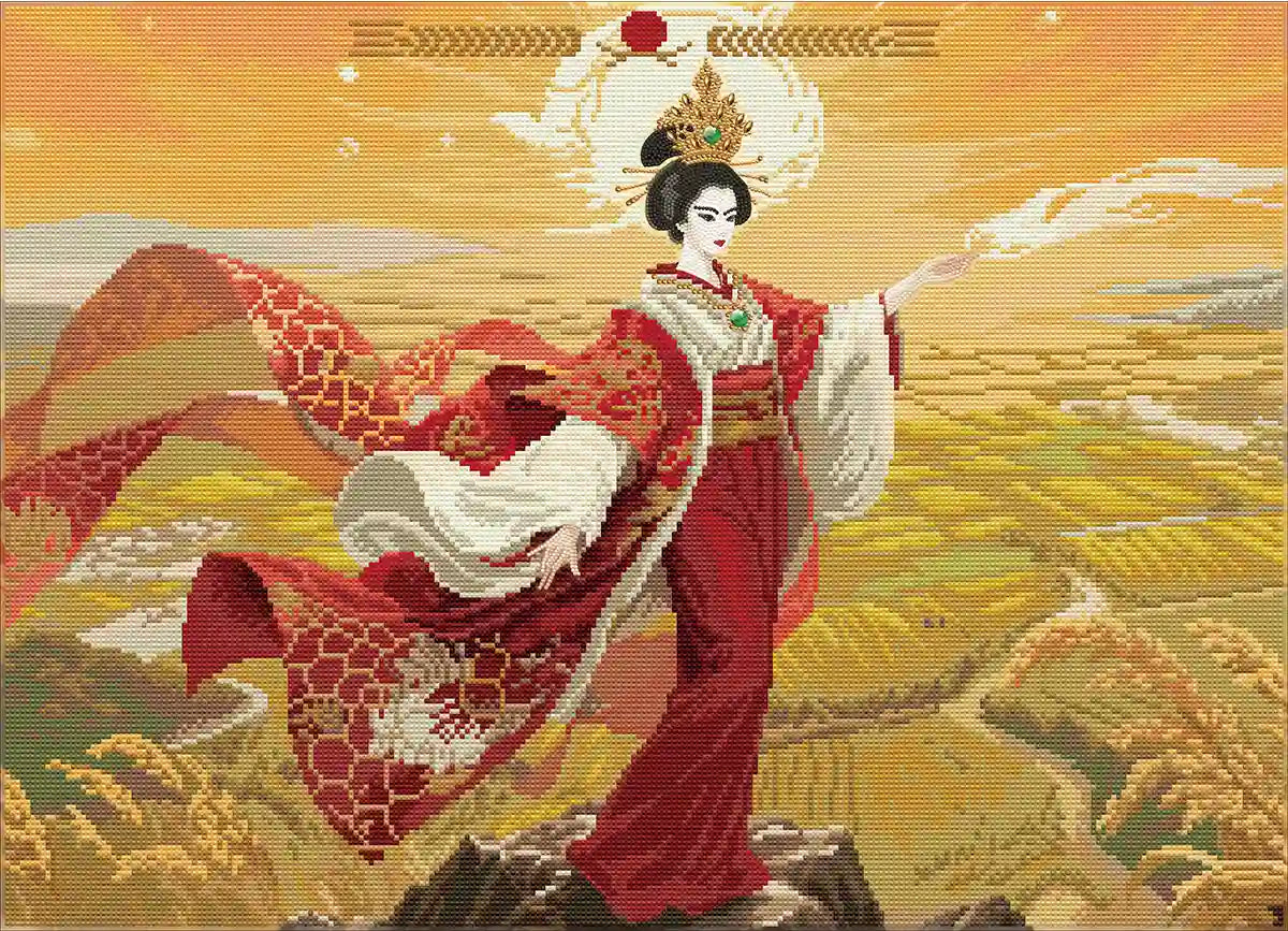 Amaterasu diamond painting finished artwork showing detailed diamond placement and rich color layers - FEELOOK Art