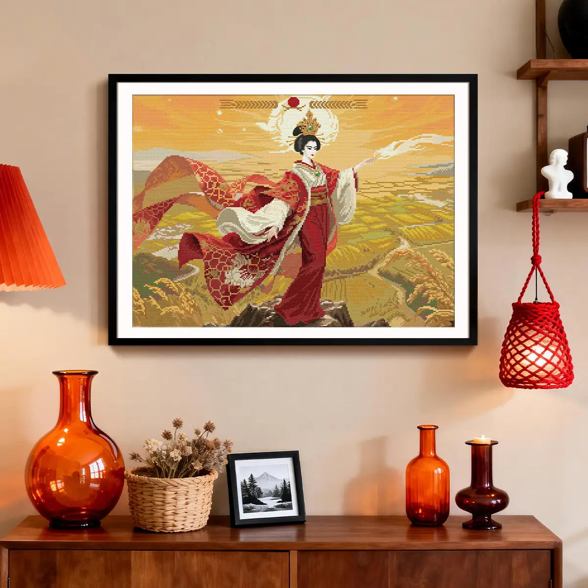 Amaterasu diamond painting framed wall art displayed in a warm modern living room interior - FEELOOK Art