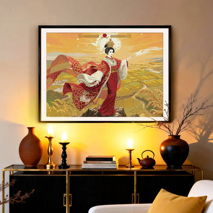 Amaterasu diamond painting wall decor styled with candles and minimalist furniture in cozy interior - FEELOOK Art