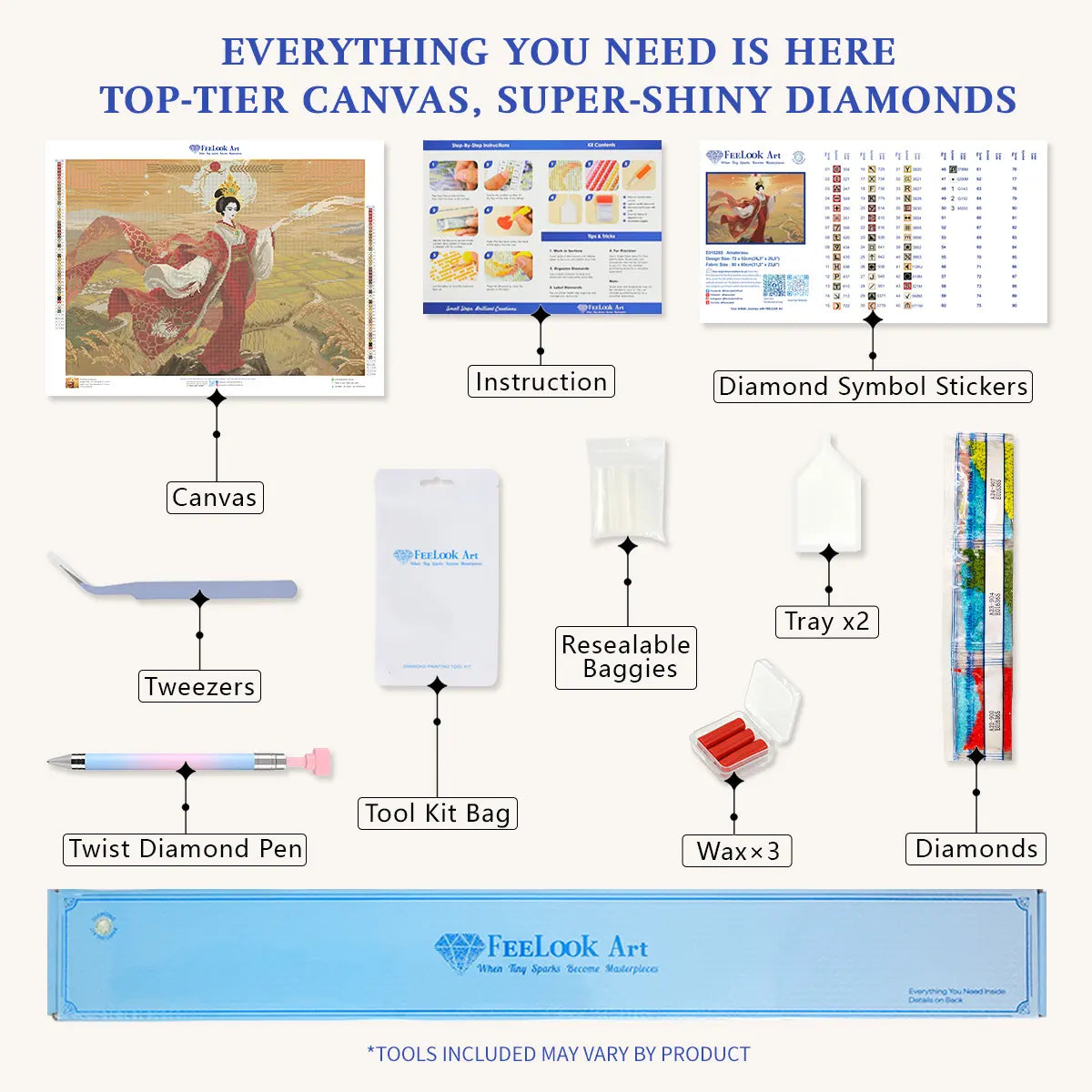 Amaterasu diamond painting kit contents including canvas diamonds tools wax trays and instruction sheet - FEELOOK Art