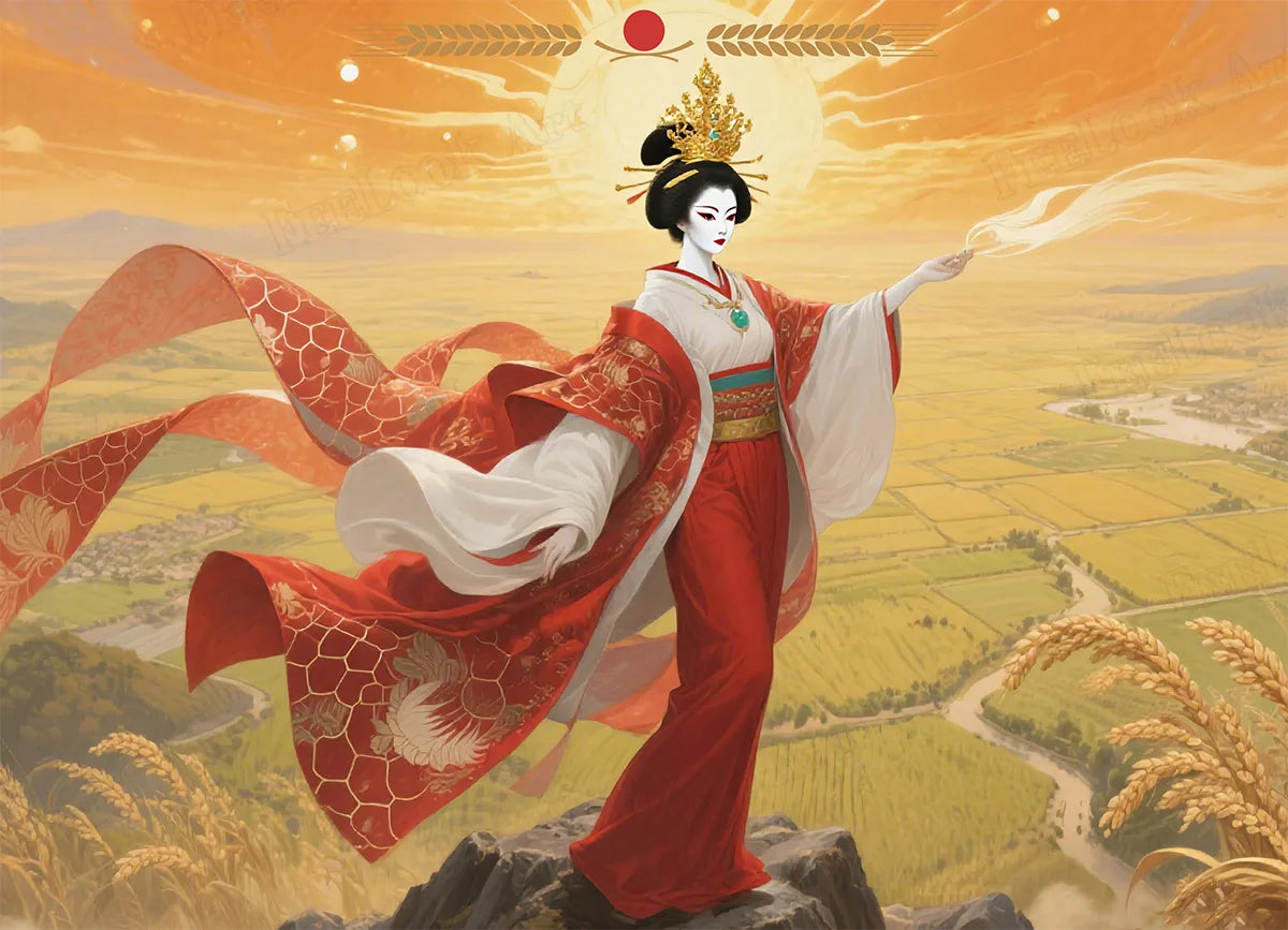 Amaterasu diamond painting featuring a Japanese sun goddess in red kimono with golden rice fields background - FEELOOK Art