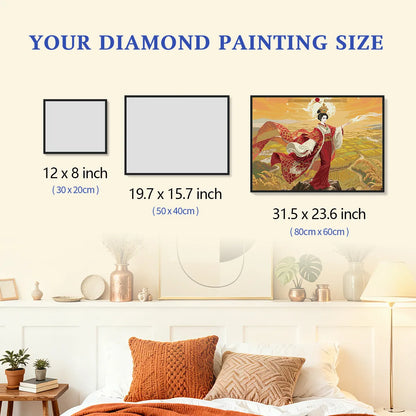 Amaterasu diamond painting size comparison chart showing 30x20cm 50x40cm and 80x60cm options - FEELOOK Art