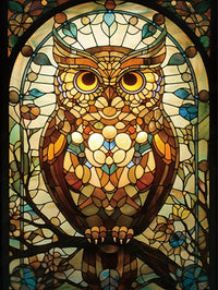 Amber Owl full drill 5D diamond painting kit with stained glass owl, resin drills and warm amber tones - FEELOOK Art