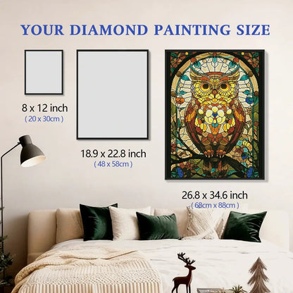 Amber Owl 5D diamond painting size chart showing large stained glass owl artwork scale for home wall decor - FEELOOK Art