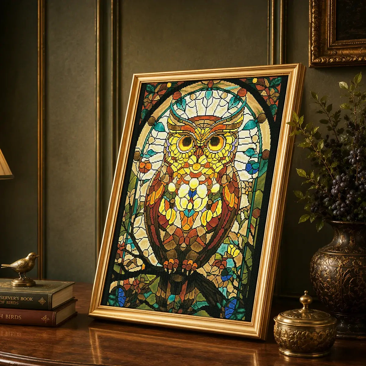 Amber Owl diamond art kit styled in a gold frame with resin drills and jewel-like special accents - FEELOOK Art