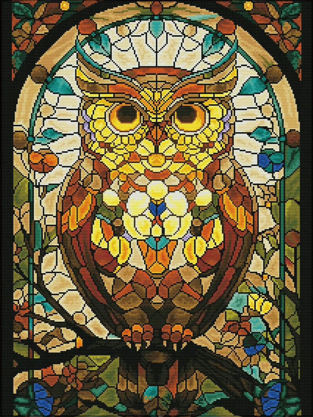 Finished Amber Owl diamond painting with Fairy Dust Diamonds and Special Drills glowing across stained glass feathers - FEELOOK Art