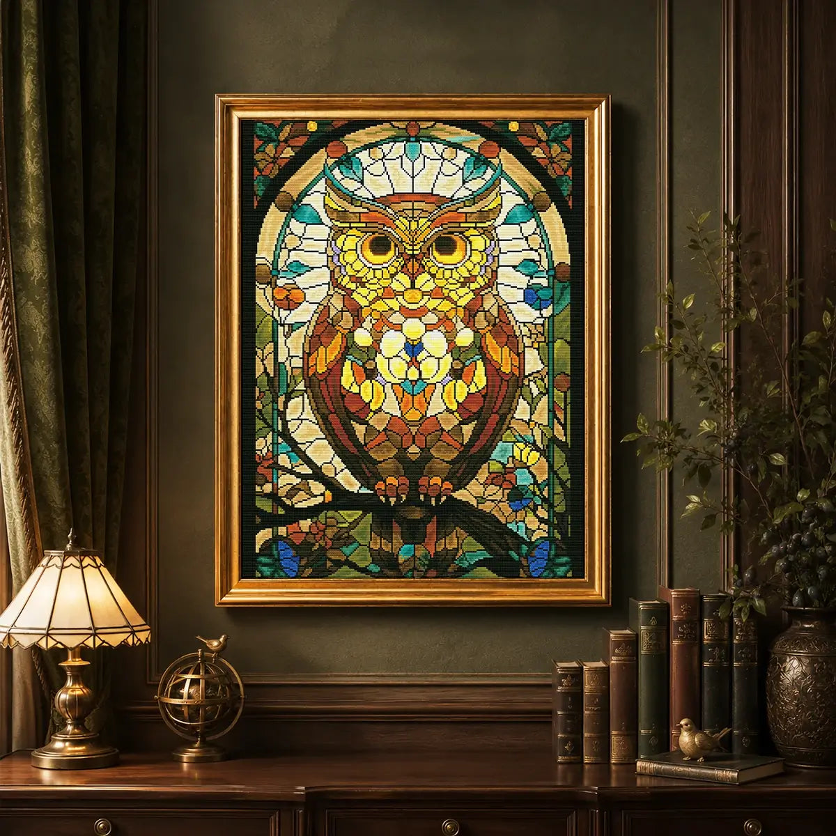 Amber Owl diamond painting displayed in a vintage study as elegant stained glass owl wall decor - FEELOOK Art