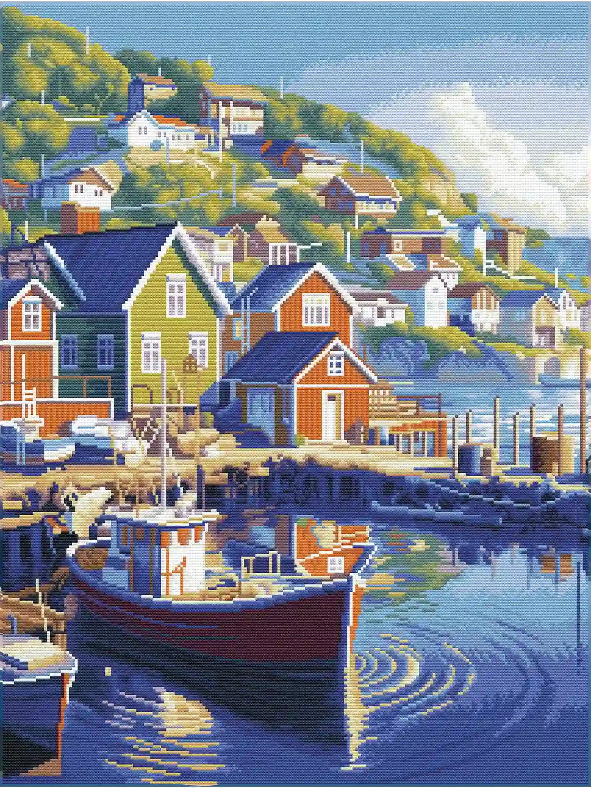 Completed "Anchor's Rest" 5D diamond painting: detailed Nordic bay town scene with sparkling diamond details - FEELOOK Art