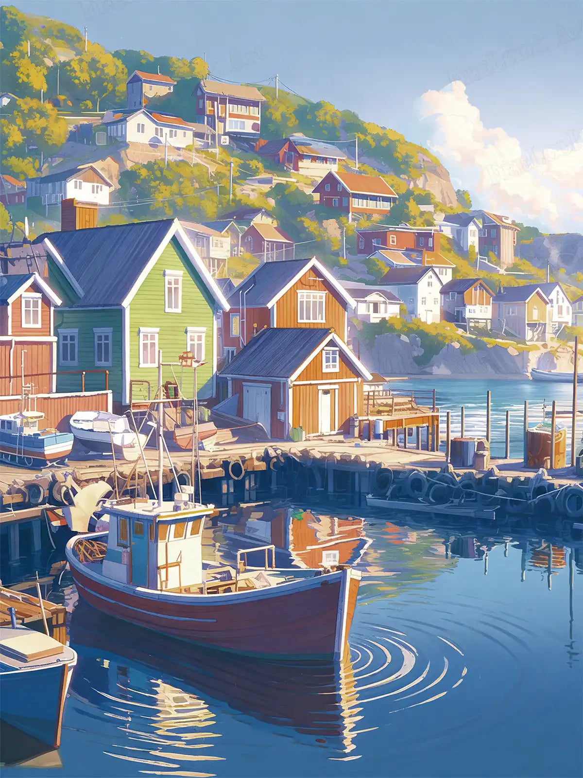The main image of "Anchor's Rest" 5D diamond painting: a tranquil Nordic bay town with colorful houses & fishing boats - FEELOOK Art
