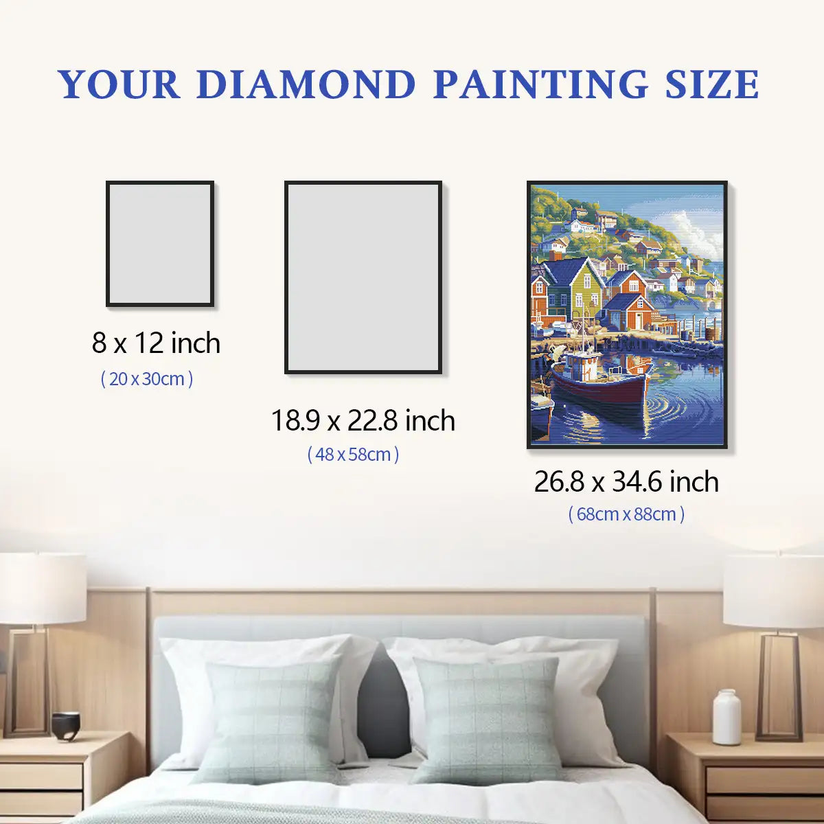 Size comparison chart for Anchor's Rest 5D diamond painting: multiple decor options - FEELOOK Art