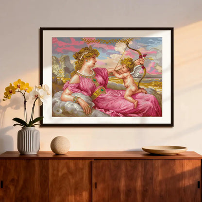 Aphrodite diamond painting framed wall art displayed above a wooden cabinet in a warm living room interior - FEELOOK Art