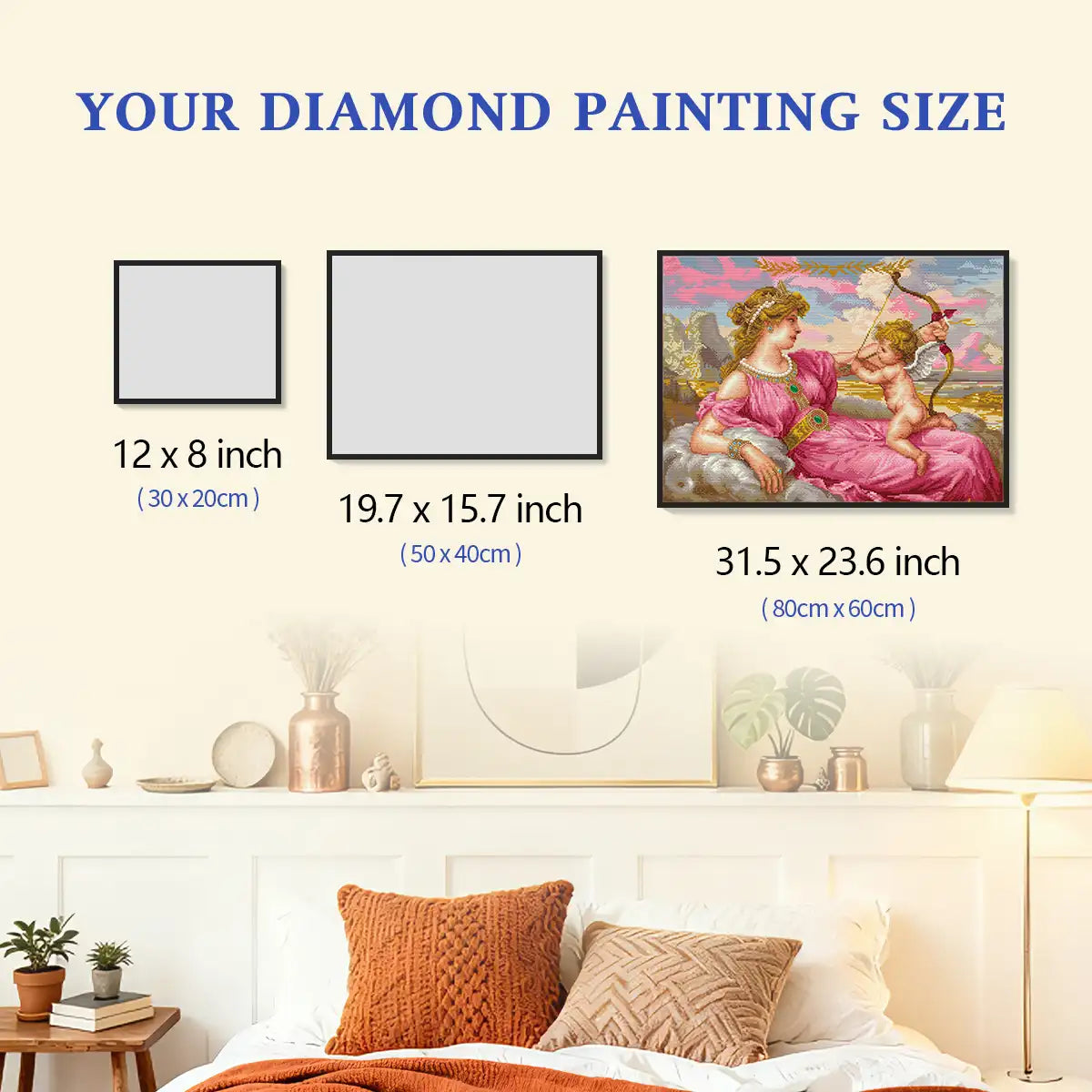 Aphrodite diamond painting size comparison chart showing 30x20cm 50x40cm and 80x60cm options - FEELOOK Art