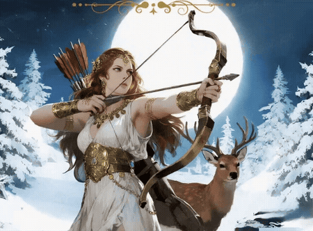 Animated diamond painting of Freya, the Norse goddess of love and war, in golden armor with her majestic cat — FEELOOK Art