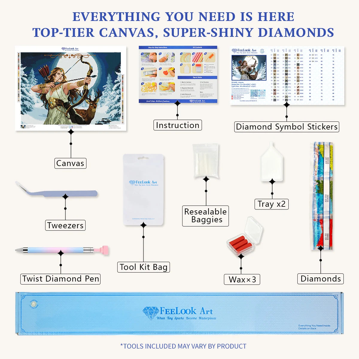 Diamond painting kit for Artemis including applicator pen, tray, wax, and shining diamonds – FEELOOK Art
