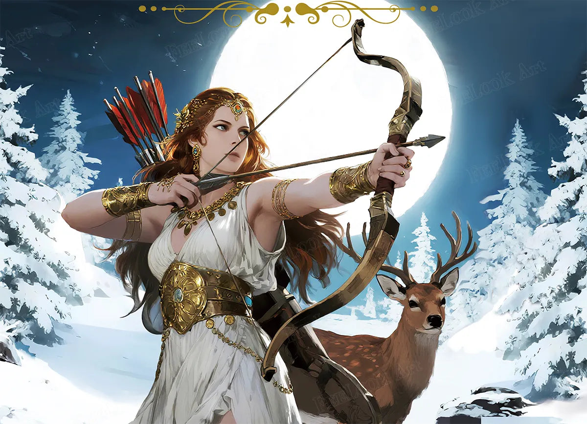 Artemis diamond painting featuring the moon goddess surrounded by forest creatures – FEELOOK