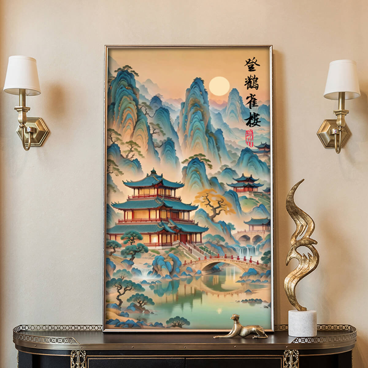Ascending the Stork Tower diamond painting in a room, bringing a tranquil and cultural atmosphere to the space.