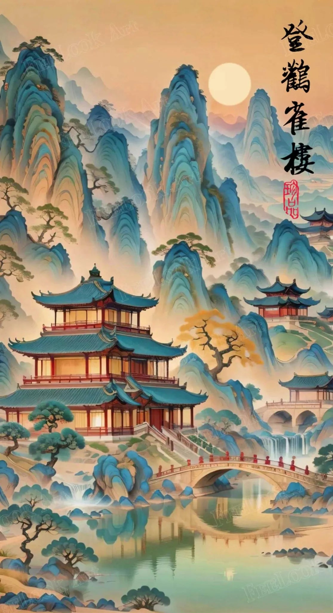 Ascending the Stork Tower diamond painting kit featuring a traditional Chinese tower and scenic background.