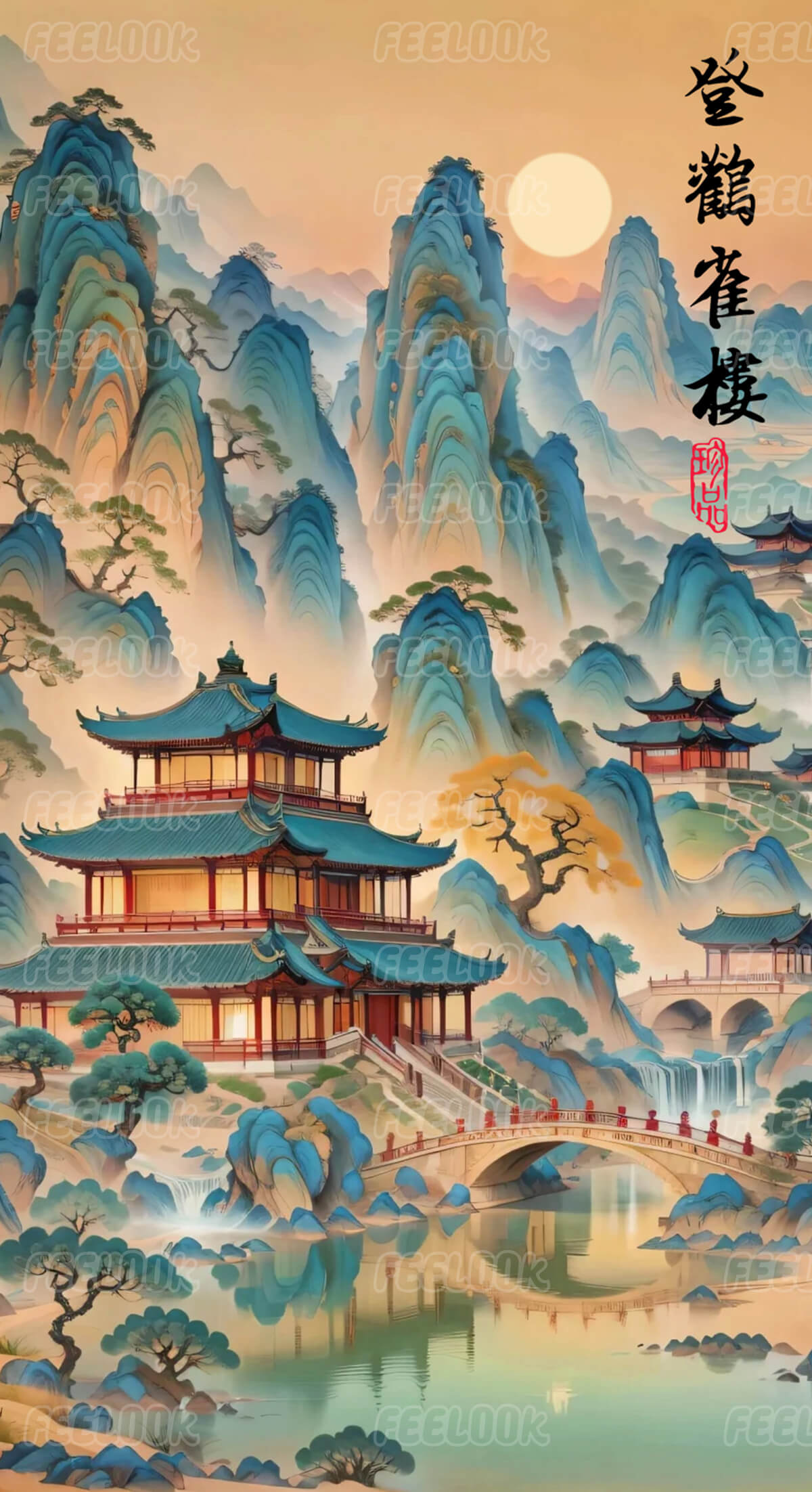Ascending the Stork Tower diamond painting kit featuring a traditional Chinese tower and scenic background.