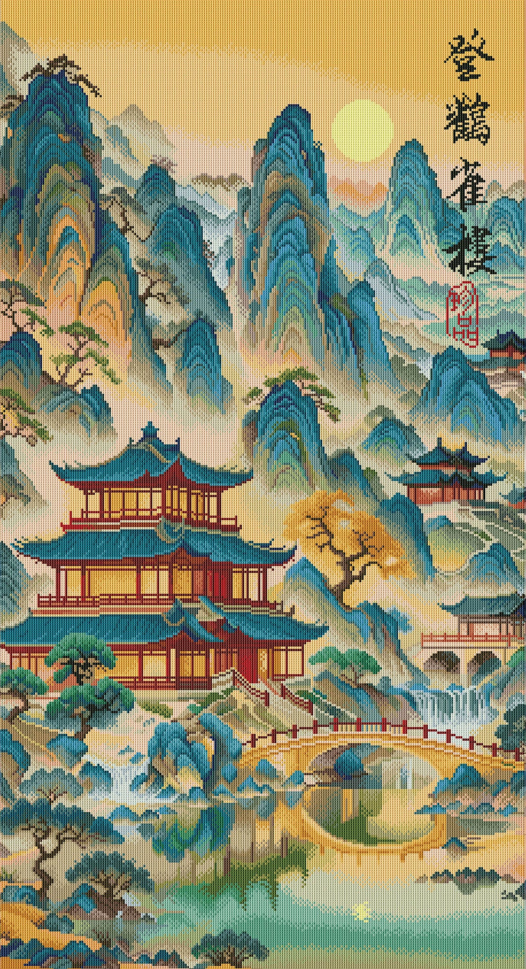 Rendered view of Ascending the Stork Tower diamond painting with intricate details and serene landscape.