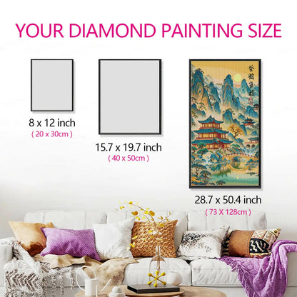 Ascending the Stork Tower diamond painting size comparison in a living room for perfect artwork proportions.