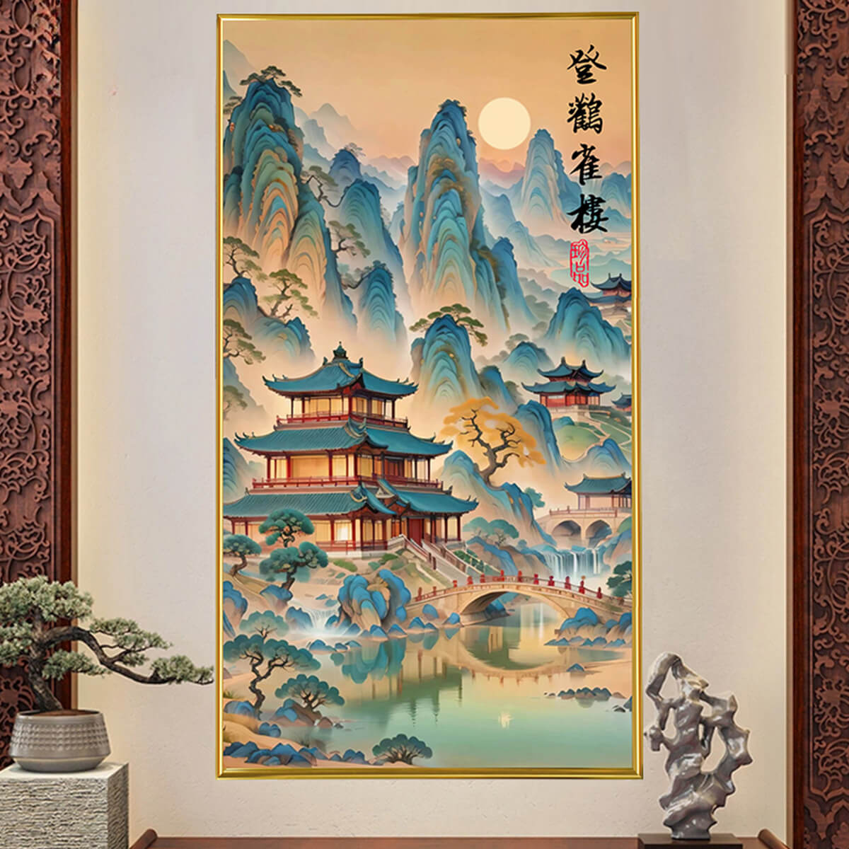 Ascending the Stork Tower diamond painting displayed on the wall, perfect for home decor with a peaceful oriental theme.