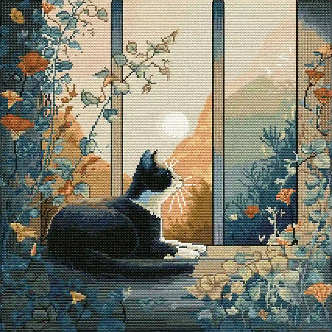 Finished At Sunset diamond painting with sparkling rhinestones depicting a cat on a windowsill - FEELOOK Art