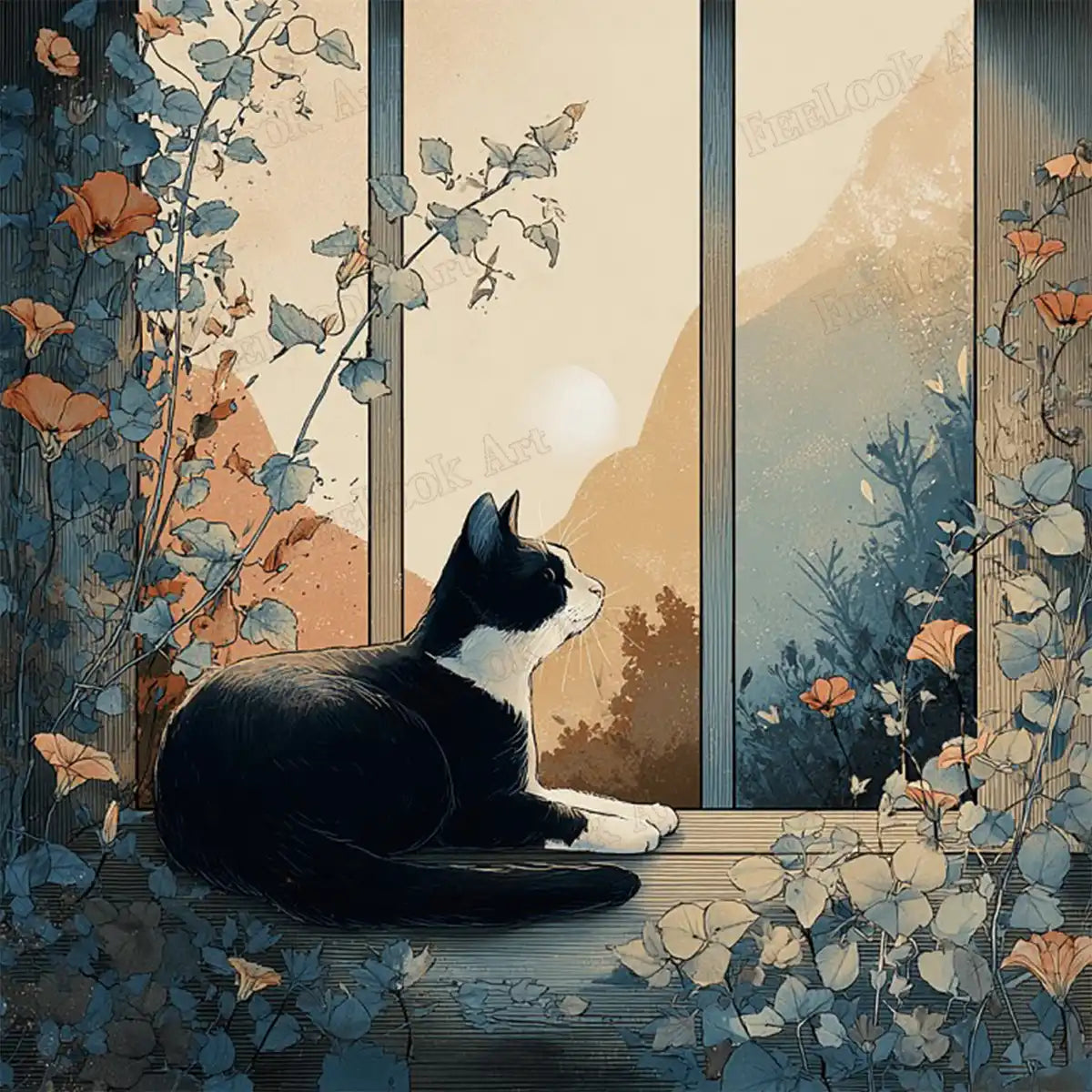 Original At Sunset artwork featuring a black and white cat on a windowsill at sunset - FEELOOK Art