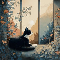 Original At Sunset artwork featuring a black and white cat on a windowsill at sunset - FEELOOK Art