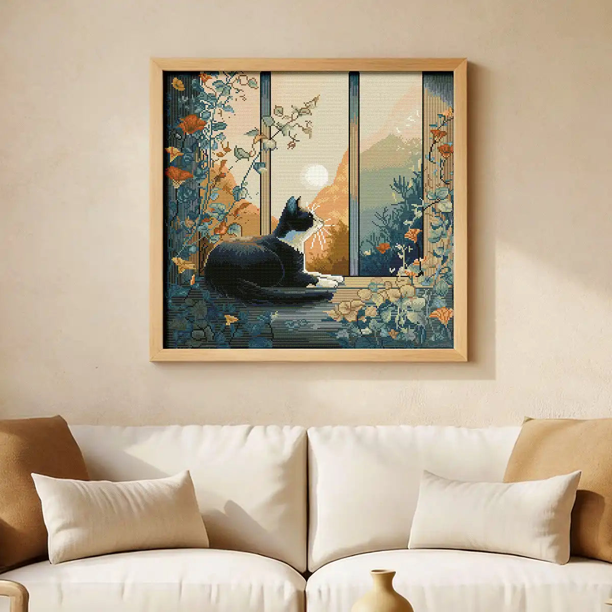 At Sunset diamond painting hung on a wall above a beige sofa - FEELOOK Art