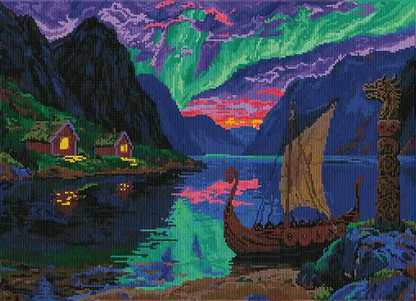 Finished Aurora Fjords diamond art showing dazzling aurora lights over Viking boat and Norwegian fjords – FEELOOK Art