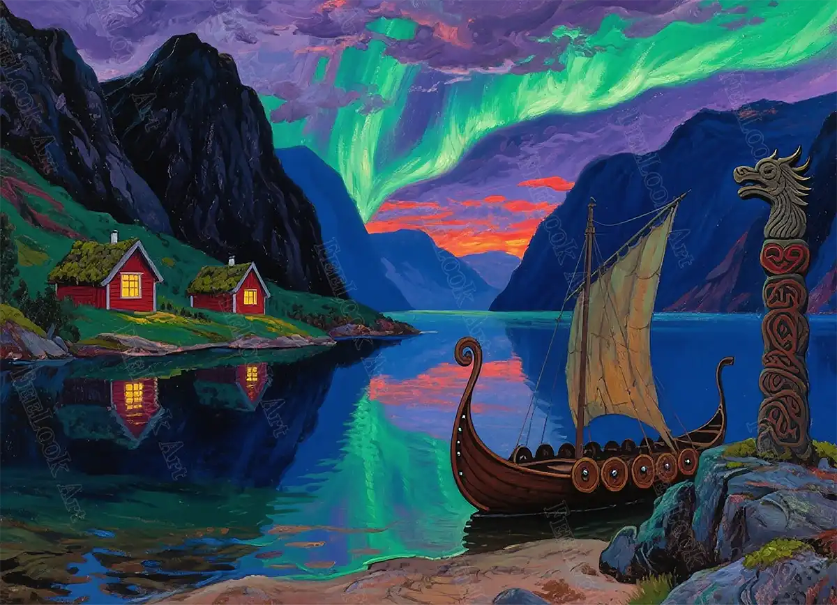 Aurora Fjords diamond painting featuring Viking ship, glowing northern lights, and tranquil fjord reflections – FEELOOK Art