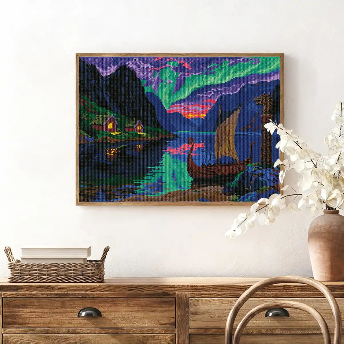 Aurora Fjords diamond art illuminating a dark-toned living room with northern light ambiance – FEELOOK Art