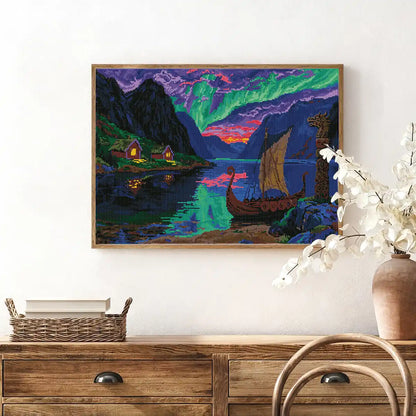 Aurora Fjords diamond art illuminating a dark-toned living room with northern light ambiance – FEELOOK Art