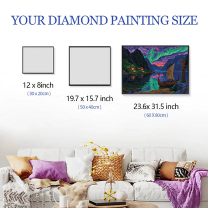 Aurora Fjords diamond painting framed on wall with size chart beside cozy Scandinavian-style furniture – FEELOOK Art