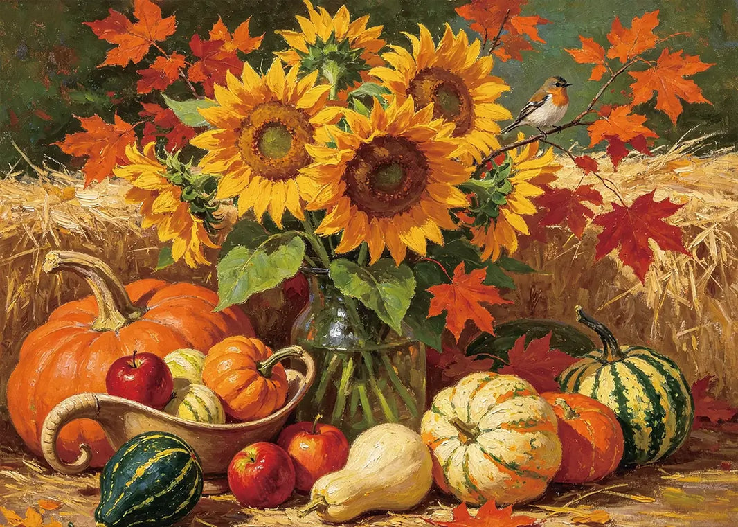 Autumn Bounty 5D diamond painting kit with sunflowers, pumpkins, apples, maple leaves and harvest bird - FEELOOK Art