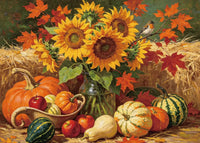 Autumn Bounty 5D diamond painting kit with sunflowers, pumpkins, apples, maple leaves and harvest bird - FEELOOK Art