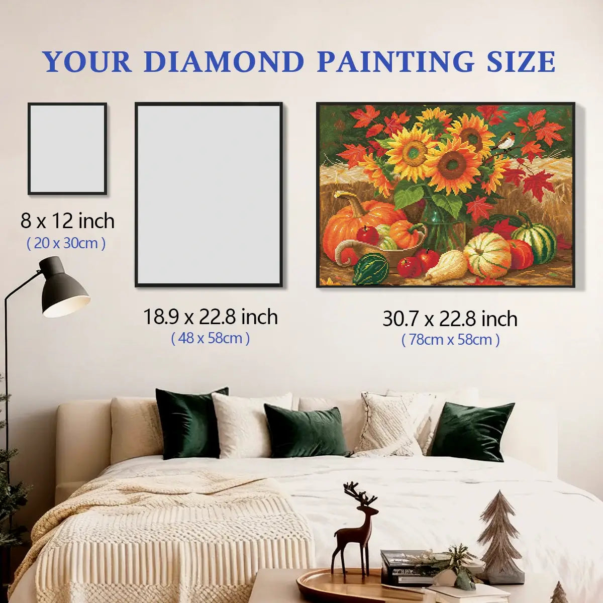 Autumn Bounty 5D diamond painting size chart showing autumn harvest artwork scale for wall decor - FEELOOK Art