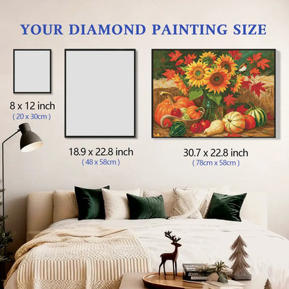 Autumn Bounty 5D diamond painting size chart showing autumn harvest artwork scale for wall decor - FEELOOK Art