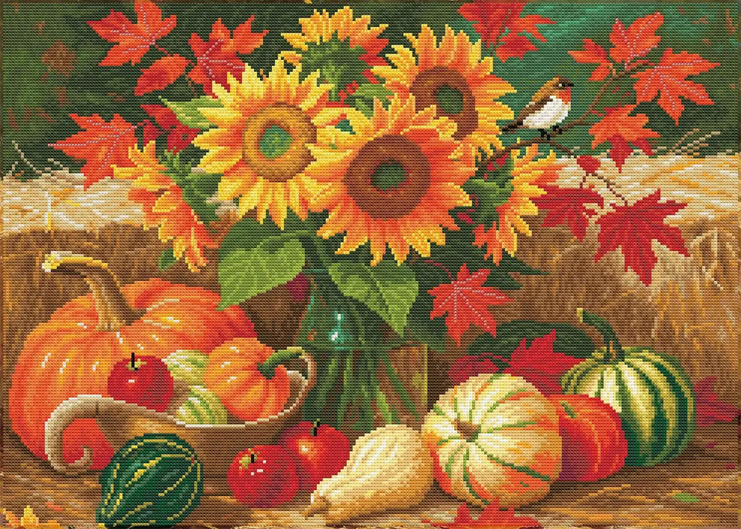 Finished Autumn Bounty diamond art kit with resin drills and AB drills glowing across harvest flowers - FEELOOK Art
