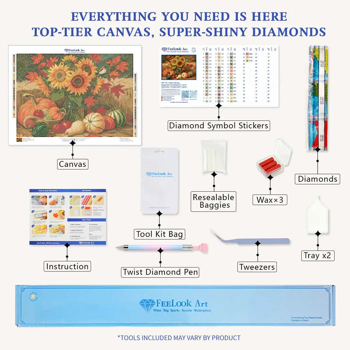 Autumn Bounty diamond painting kit with full drill canvas, resin drills, AB drills and DIY tools - FEELOOK Art