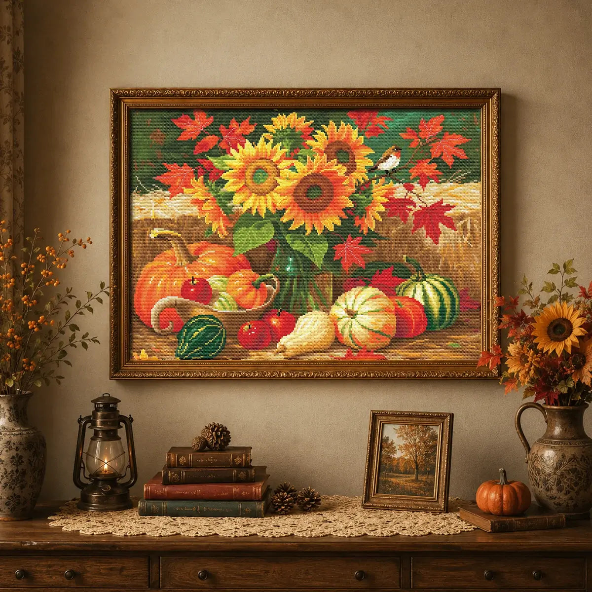 Autumn Bounty diamond painting kit displayed as cozy fall farmhouse wall decor with sunflowers and pumpkins - FEELOOK Art