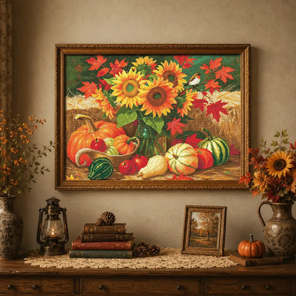 Autumn Bounty diamond painting kit displayed as cozy fall farmhouse wall decor with sunflowers and pumpkins - FEELOOK Art