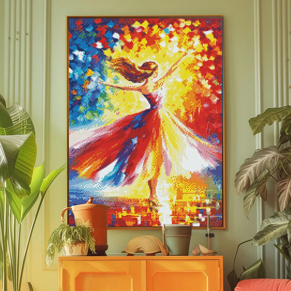 Ballet dancer diamond painting shown in a modern room setting, ideal for interior decoration