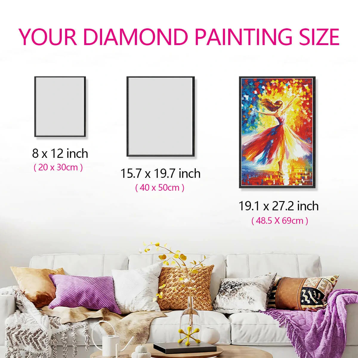 Wall-mounted diamond painting size guide showing ballet dancer diamond painting artwork proportions in a living room setting